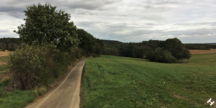 Blick ins Tal zum Sahnstau mit umliegenden Feldern