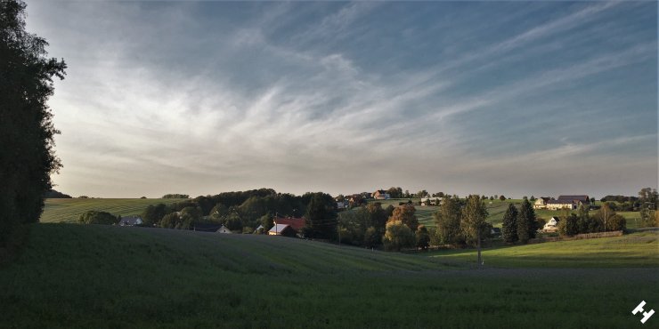 Blick auf Dänkritz mit blauen Blütenfeldern unweit der Gaststätte
