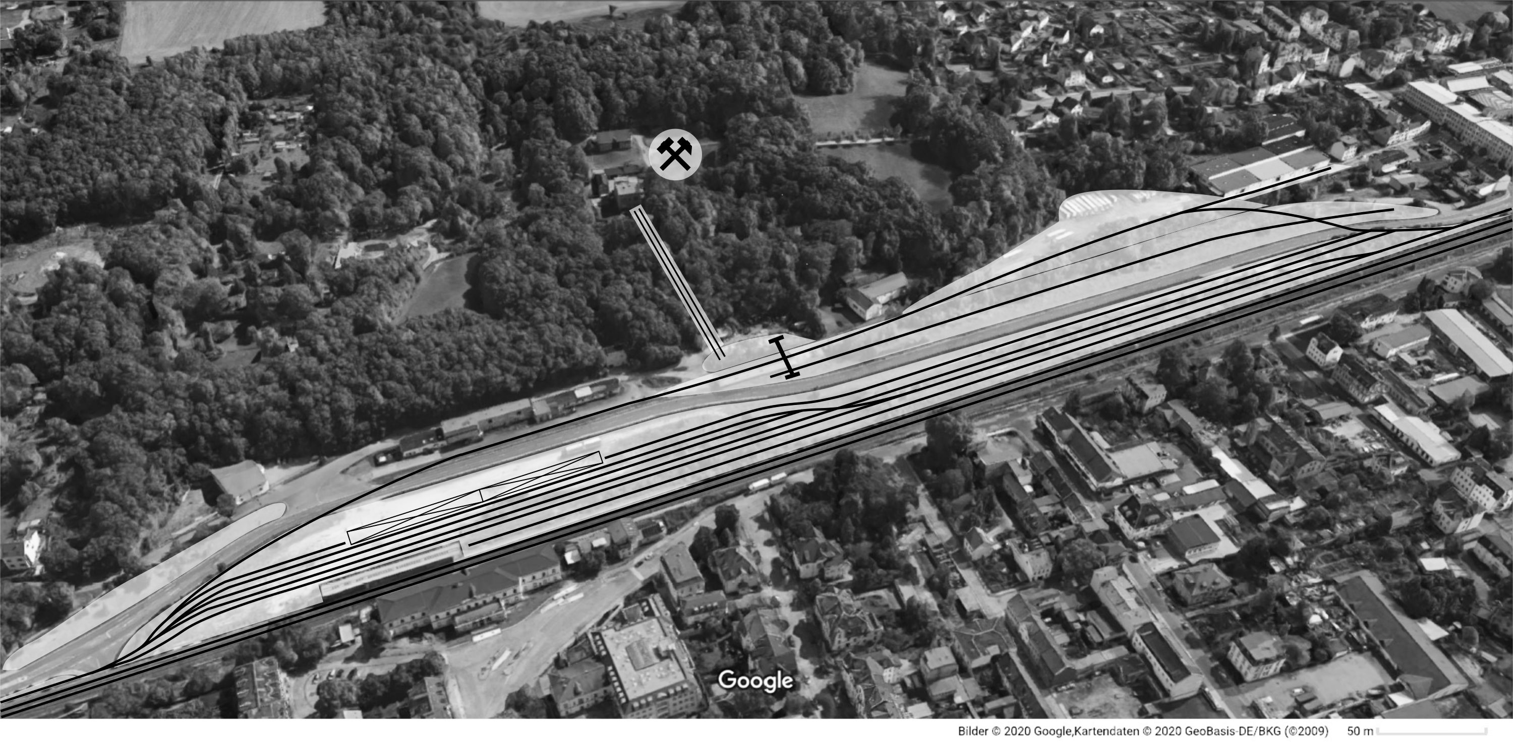 Güterbahnhof am Zöffelpark mit Dolomit Abbaugebiet